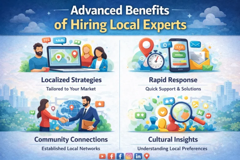 Infographic showing advanced benefits of hiring local experts including localized strategies, quick response, community connections, and cultural insights
