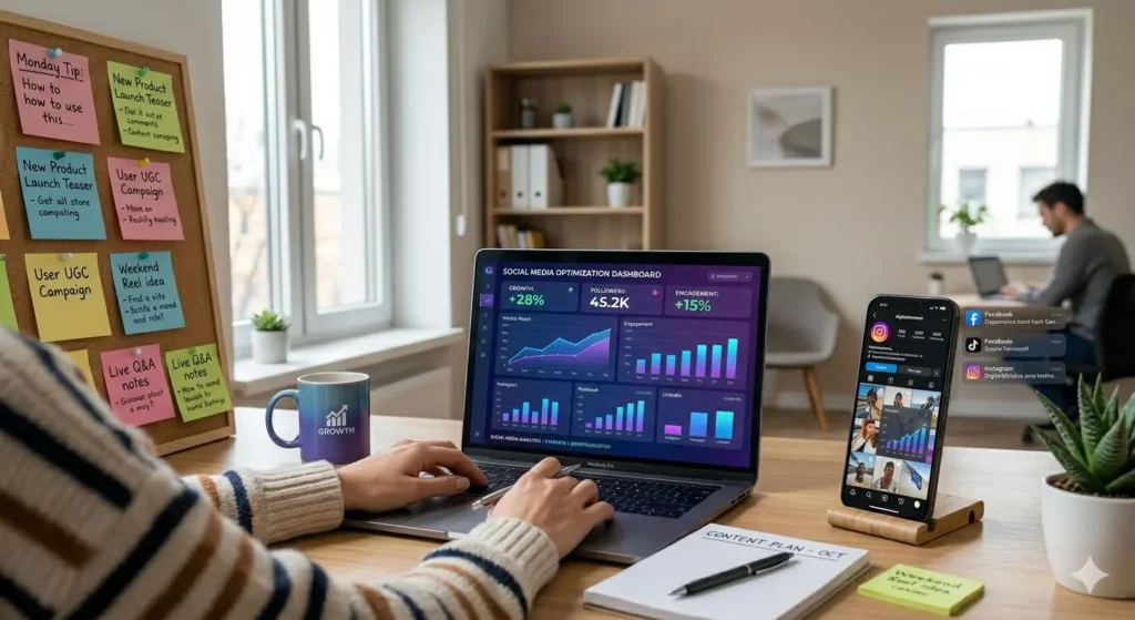 Practical social media optimization workflow showing content creation, scheduling posts, and analyzing engagement metrics