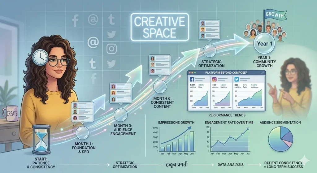 Illustration of social media growth over time with charts, dashboards, and clock