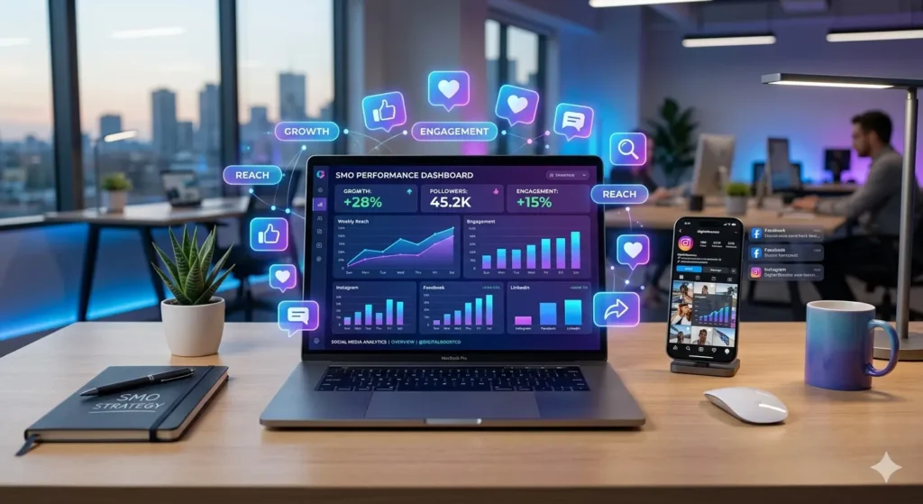 Social media optimization strategy with content planning, engagement growth, and performance tracking tools