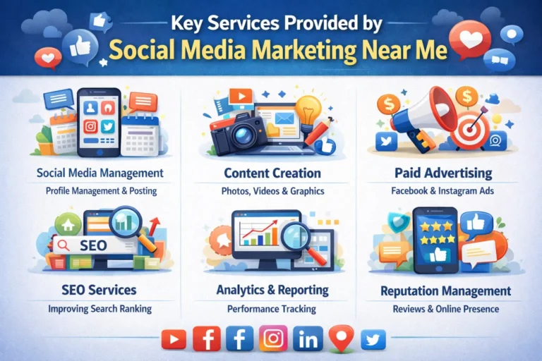 Infographic showing key services of social media marketing near me including content creation, SEO, paid ads, analytics, and reputation management