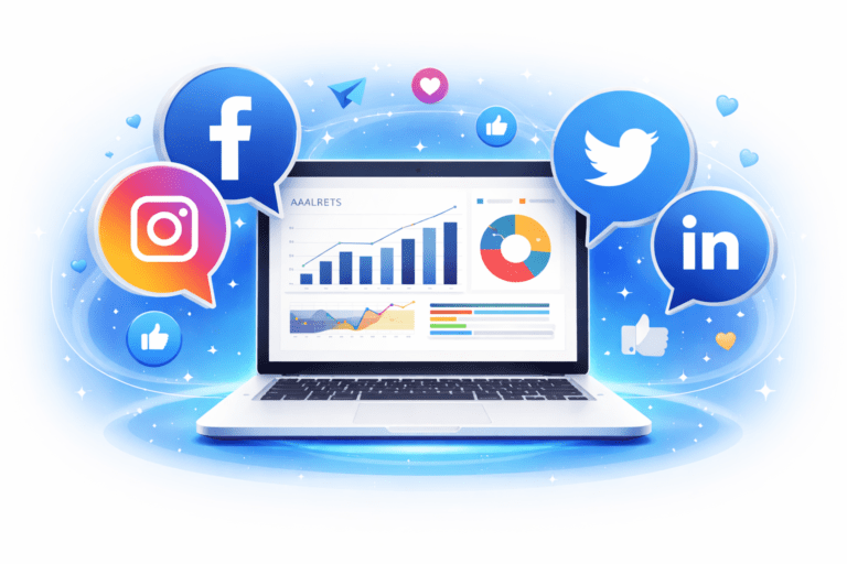 social media marketing platform dashboard with laptop and social media icons in blue theme