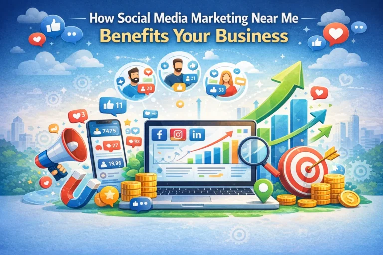 Illustration showing how social media marketing near me helps businesses grow through engagement, leads, and increased online visibility