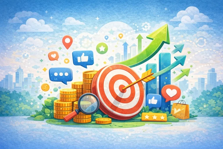 Illustration showing business growth with target achievement, social media engagement, and increasing sales through digital marketing