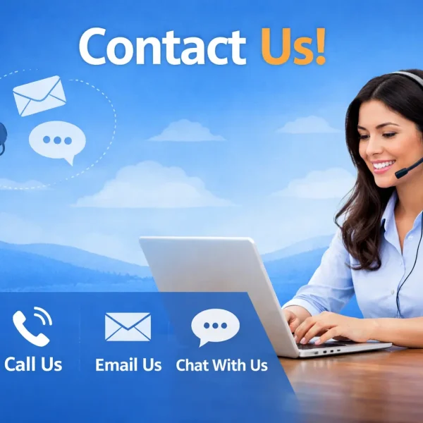 Contact support illustration with customer service agent, call email and chat icons for business communication